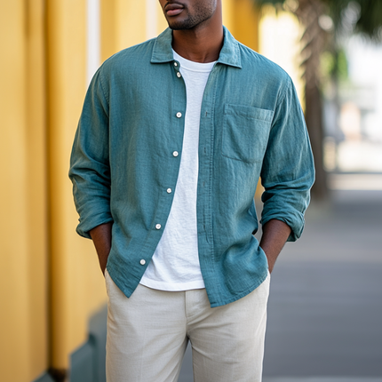 Men's Linen Blend Long Sleeve Shirt | Casual Loose Fit | Breathable | Lapel Collar | Button Down | Lightweight | Versatile Styling | Ideal for Outdoor Activities | Stylish Everyday Wear