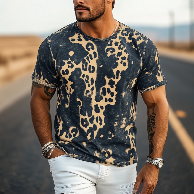 Men's Retro Western Distressed Leopard Print T-Shirt | Cotton Blend Short Sleeve | Vintage Cowboy Style | Spring Summer Casual Wear | Bold Graphic Design | Comfortable Breathable Fabric