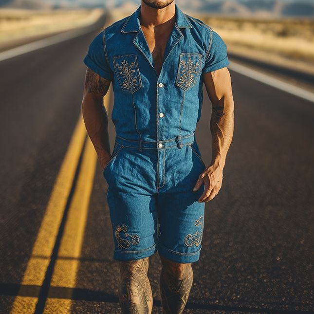 Men's Jumpsuit | Summer Fashion | Retro Western Cowboy Style | Pocket Embroidery | High-Quality Breathable Fabric | Relaxed Fit | Versatile Styling Options | Functional Pockets | Ideal for Casual Outings