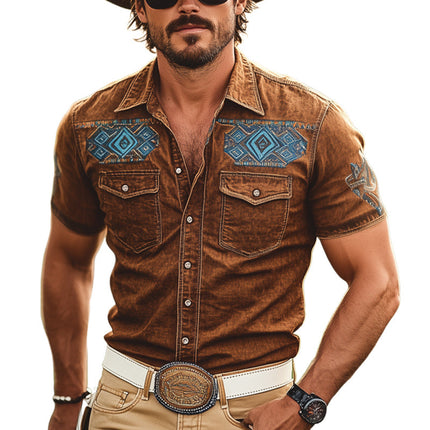 Denim Shirt for Men | Western Cowboy Style | Short Sleeve | Embroidered Yoke | Snap Button Closure | Breathable Durable Fabric | Casual Wear | Classic Point Collar | Versatile Blue Shirt | Comfortable Fit