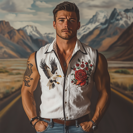 Men's Sleeveless Shirt | Retro Western Style | Rose & Eagle Embroidery | Cotton Linen Blend | Summer Fashion | Casual Wear | Breathable Fabric | Lightweight & Comfortable | Versatile Styling | Relaxed Fit