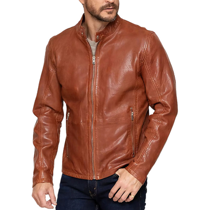 Men's Vintage Leather Jacket | Orange Snap Collar | Zipper Front | Retro Style | Long Sleeve | PU Leather | Side Pockets | Bold Statement Outerwear