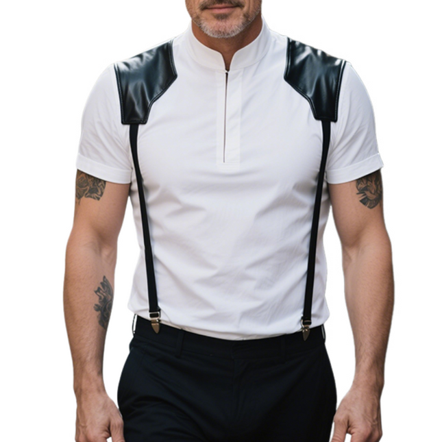 Men's Retro Leather Suspenders Short Sleeve Shirt | Stand Collar Zipper | Casual Vintage Spring Summer Top | Breathable Cotton Blend | Sizes S-3XL | Fashion Urban Style