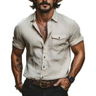 Men's Casual Dress Shirt | Cotton Linen Blend | Solid Color | Lapel Collar | Short Sleeve | Breathable and Comfortable | Versatile Wardrobe Essential | Semi-Formal & Casual Wear