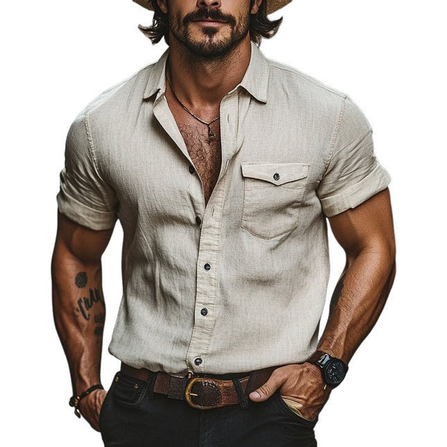Men's Casual Dress Shirt | Cotton Linen Blend | Solid Color | Lapel Collar | Short Sleeve | Breathable and Comfortable | Versatile Wardrobe Essential | Semi-Formal & Casual Wear