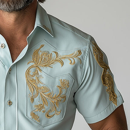 Men's Embroidered Short Sleeve Western Shirt | Summer Cowboy Style | Breathable Fabric | Classic Fit | Button-Down | Casual Men's Top