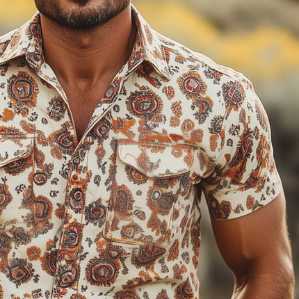 Men's Retro Print Short Sleeve Shirt | Vintage Style | Summer Casual Wear | Breathable Cotton Blend | Lapel Collar | Comfortable & Stylish | Ideal for Beach & Weekend Outings | Sizes S-3XL