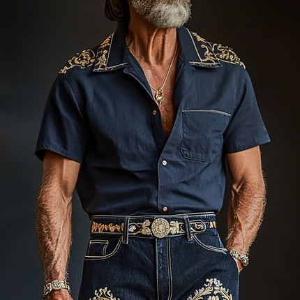 Men's Retro Embroidered Lapel Shirt | Short Sleeve | Vintage Style | Breathable Fabric | Button-Up Front | Casual Outings | Festivals | Relaxed Fit | Soft Cotton Blend | Notched Collar | Stylish Retro Flare