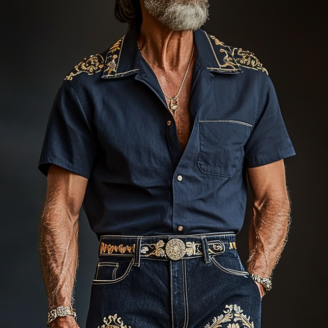 Men's Retro Embroidered Lapel Shirt | Short Sleeve | Vintage Style | Breathable Fabric | Button-Up Front | Casual Outings | Festivals | Relaxed Fit | Soft Cotton Blend | Notched Collar | Stylish Retro Flare