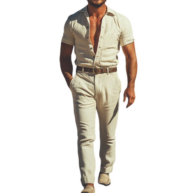 Men's Retro Western Cotton Linen Jumpsuit | Summer Fashion | No Belt | Lightweight Breathable Fabric | Casual One-Piece Outfit | Comfortable Fit | Pockets Included | Stylish Summer Wardrobe Essential