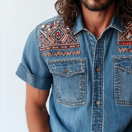 Men's Retro Ethnic Print Denim Shirt | Casual Short Sleeve | Vintage Style Lapel Collar | Breathable Cotton Fabric | Versatile Fit | Ideal for Spring Summer | Available in S-3XL | Unique Design