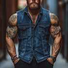 Men's Vintage Denim Vest | Distressed Single Breasted | Lapel Collar | High-Quality Durable Material | Functional Pockets | Rugged Style & Classic Design | Versatile Outerwear