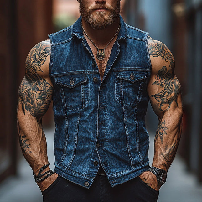Men's Vintage Denim Vest | Distressed Single Breasted | Lapel Collar | High-Quality Durable Material | Functional Pockets | Rugged Style & Classic Design | Versatile Outerwear