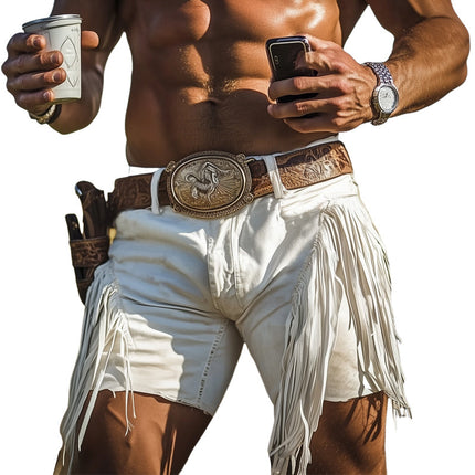 Men's Western Style Denim Fringe Shorts | Summer Casual Wear | Durable Cotton Blend | Mid-Thigh Length | Comfortable Fit | Available Sizes S-3XL | Festival and Adventure Ready
