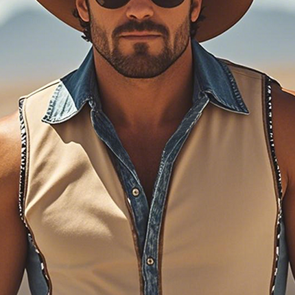 Men's Slim Fit Sleeveless Shirt | Spring & Summer Fashion | Western Cowboy Style | Thin Suede Tencel Denim | Casual Breathable Top | Unique Stitching | Comfortable & Stylish