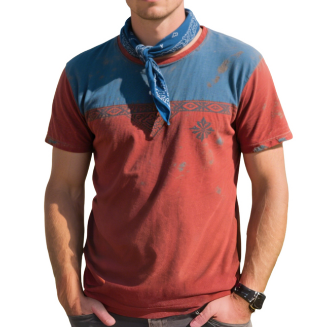 Men's Retro Western Cowboy T-Shirt | Colorblock Print | Round Neck Short Sleeve | Breathable Cotton | Casual Style | Sizes S-3XL | Ideal for Spring Summer Fall