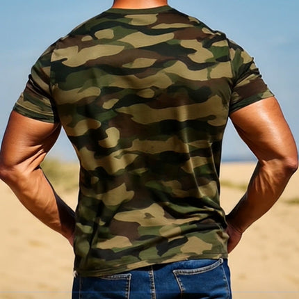 Men's Camo V-Neck T-Shirt | Short Sleeve | Army Green Camouflage | Casual Wear | High Quality Knitted Fabrics | Classic Camouflage Pattern | Bold Confident Look | Available in Sizes S-XXXL