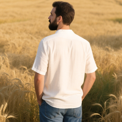 Men's Summer Western Shirt | Cotton Linen Blend | Stand Collar Design | Hollow Embroidery Detail | Short Sleeves | Breathable & Comfortable | Casual Style | Fashionable Warm Weather Choice