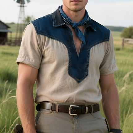 Men's Retro Western Style Denim Shirt | Casual Cowboy Lapel | Short Sleeve | Durable Breathable Fabric | Versatile Spring Summer Fall Top | Available in Sizes S to 3XL | Classic Vintage Charm