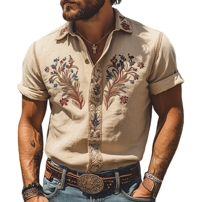 Men's Retro Western Short Sleeve Shirt | Summer Fashion | Embroidered Cotton Linen Blend | Classic Style | Breathable Fabric | Versatile Casual Top | Comfortable Fit for Warm Weather | Unique Design