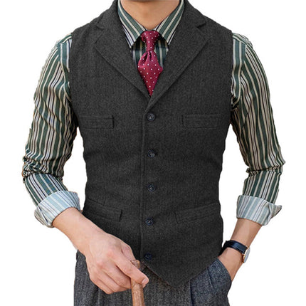 Men's Wool Blend Vest | Vintage Style | Single Breasted with Lapel | Slim Fit | Charcoal Navy Herringbone Patterns | Smart Casual Formal Wear | Adjustable Back | Functional Pockets | Year-Round Outerwear