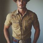 Men's Denim Shirt | Western Cowboy Style | Accordion Embroidery | Short Sleeve | Casual Button-Down | Rustic Charm | High-Quality Denim | Lapel Collar | Comfortable Fit | M-3XL Sizes | Perfect for Casual Outings