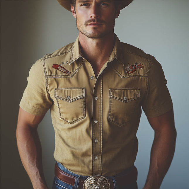 Men's Denim Shirt | Western Cowboy Style | Accordion Embroidery | Short Sleeve | Casual Button-Down | Rustic Charm | High-Quality Denim | Lapel Collar | Comfortable Fit | M-3XL Sizes | Perfect for Casual Outings