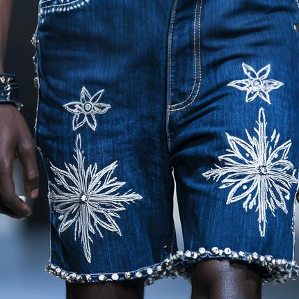 Men's Embroidered Rhinestone Denim Shorts | Straight Fit | Summer Fashion | Casual Style | Festival Wear | Durable Denim | Modern Above-Knee Length | Trendy Embellishments | Multiple Sizes Available