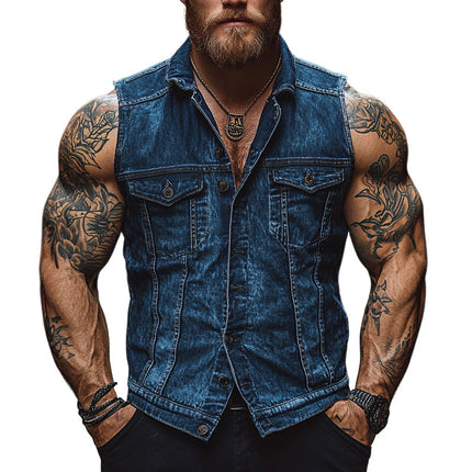 Men's Vintage Denim Vest | Distressed Single Breasted | Lapel Collar | High-Quality Durable Material | Functional Pockets | Rugged Style & Classic Design | Versatile Outerwear