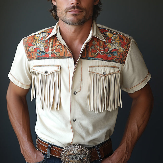 Men's Western Cowboy Shirt | Tassel Short Sleeve | Summer Cotton Top | Classic Lapel Collar | Lightweight & Breathable Fabric | Relaxed Fit | Versatile Casual Wear | Available in Small to 3XL | Easy-Care Maintenance