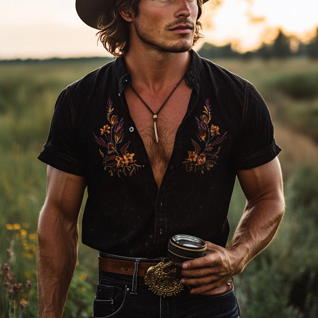 Men's Vintage Embroidered Lapel Shirt | Short Sleeve | Classic Design | Elegant Embroidery | Breathable Fabric | Versatile Styles | Perfect for Casual and Formal Events