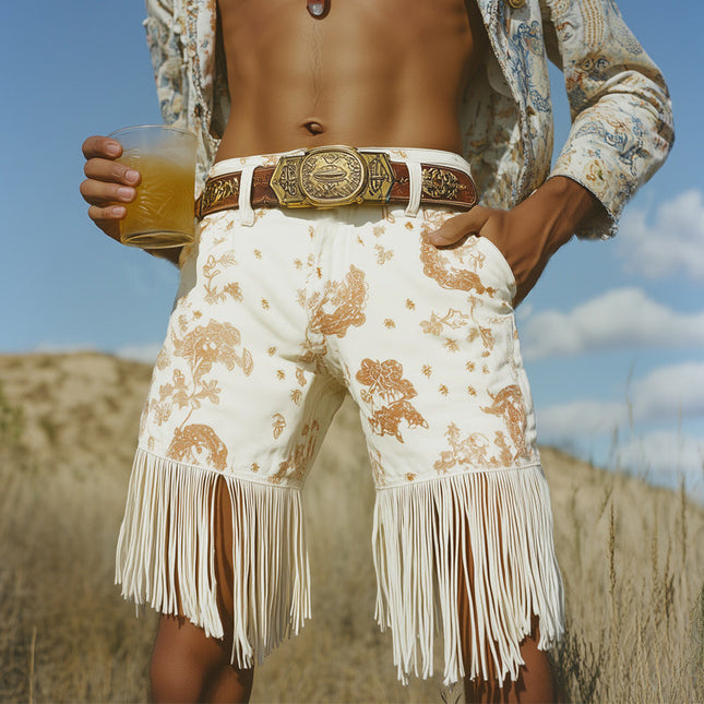 Men's Cotton-Denim Shorts | Western Cowboy Style | Vintage Fringe | Relaxed Fit | Mid-Thigh Length | Button Fly | Side Pockets | S to 3XL | Festival Outfit | Summer Casual Wear