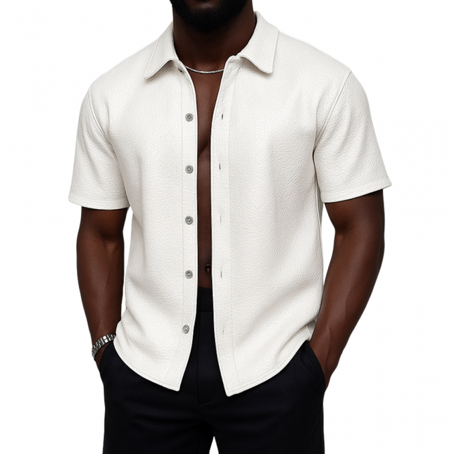 Men's Vintage Litchi Pattern PU Leather Shirt | Short Sleeve Lapel Collar | Loose Fit Casual Top | Bold Textured Design | Elegant & Comfortable | Fashion-Forward Style | Perfect for Stylish Gatherings