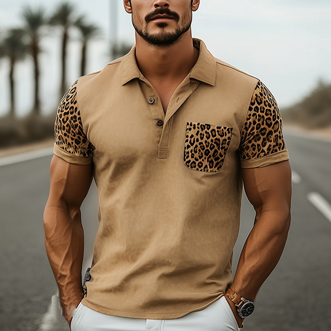 Men's Polo Shirt | Retro Western Style | Leopard Print | Suede Stitching | Slim Fit | Short-Sleeved | Spring Summer Fashion