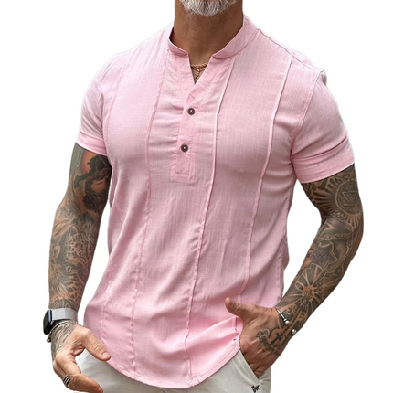Men's Casual Shirt | Solid Cotton Linen Blend | Henley Collar | Short Sleeve | Breathable Lightweight Design | Button Placket | Regular Fit | Summer Outdoor Wear | Versatile and Comfortable