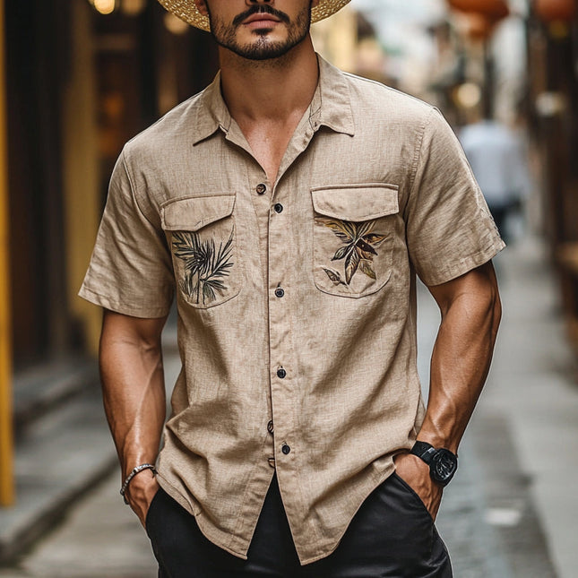 Men's Short Sleeve Shirt | Botanical Print | Casual Pocket Design | Breathable Fabric | Stylish & Comfortable | Perfect for Casual & Semi-Formal Events | Ideal for Warm Weather | Versatile Fashion