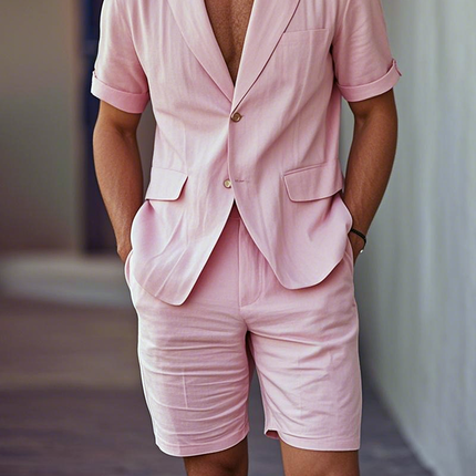 Men's Cotton Linen Blazer Shorts Set | Notch Lapel | Short Sleeve | Two-Button Closure | Summer Fashion | Casual Semi-Formal Look | Lightweight Breathable Fabric | Outdoor Events Outfit