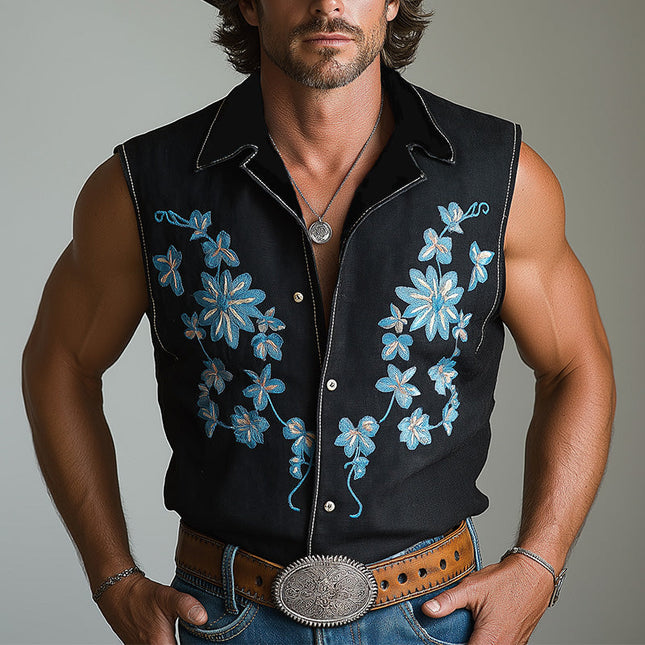 Men's Floral Embroidered Vest | Western Cowboy Style | Summer Lightweight Outerwear | Button-Down Closure | High-Quality Fabric | Tailored Fit | Versatile Fashion | MTA2877D4P