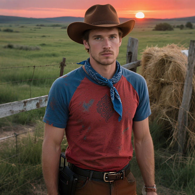 Men's Retro Casual Western Cowboy T-Shirt | Colorblock Print | Round Neck Short Sleeve | Breathable Cotton | Sizes S-3XL | Classic Comfort for Casual Outings