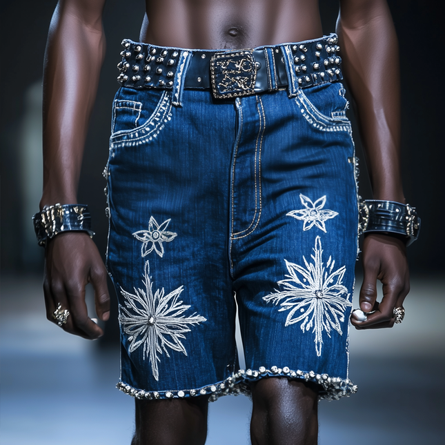 Men's Embroidered Rhinestone Denim Shorts | Straight Fit | Summer Fashion | Casual Style | Festival Wear | Durable Denim | Modern Above-Knee Length | Trendy Embellishments | Multiple Sizes Available