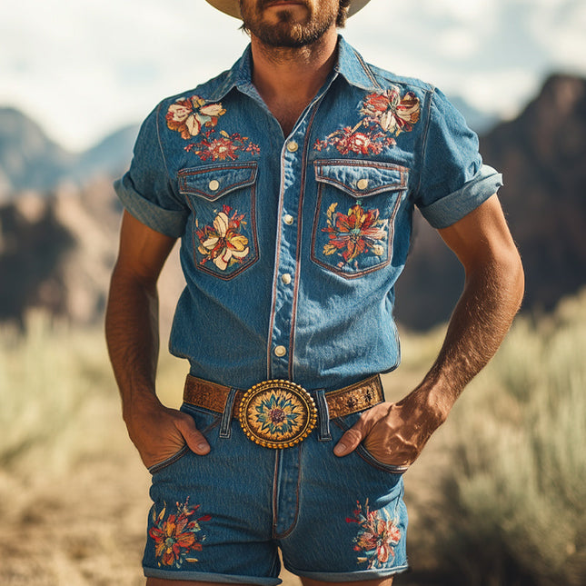 Men's Summer Vintage Embroidered Denim Shirt & Shorts Set | Retro Short Sleeve Casual Outfit | Lightweight Breathable Fabric | Classic Collar | Stylish Weekend Attire | Sizes S-3XL