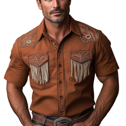 Men's Vintage Western Cowboy Shirt | Embroidered Tassels | Short Sleeve | Cotton Blend | Casual Button-Down | Classic Turn-Down Collar | Wild West Style | Comfortable Warm Weather Wear | MTA0887E4U