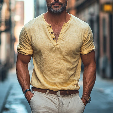 Men's Cotton Linen Blend T-Shirt | Henry Collar | Short Sleeve | Solid Colors | Breathable & Soft | Casual Stylish Fit | Summer Wardrobe Essential
