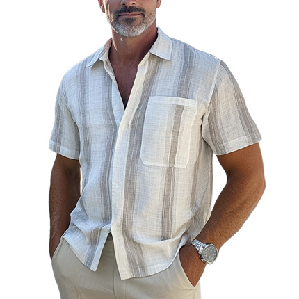 Men's Vertical Striped Shirt | Short-Sleeve | Casual Cotton Linen Blend | Breathable & Lightweight | Relaxed Fit | Button-Down Collar | Stylish Summer Top | Perfect for Casual Outings
