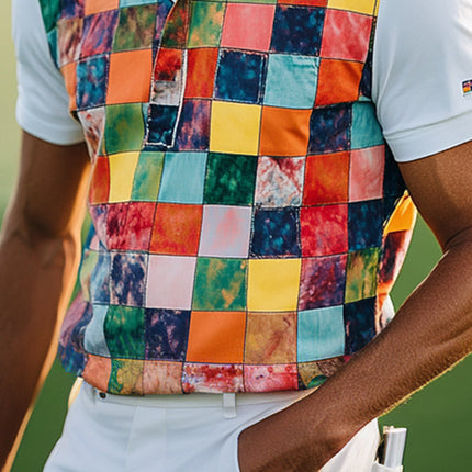 Men's Short Sleeve Polo Shirt | Color Block Print | Stylish Classic Fit | Premium Breathable Fabric | Easy Care | Casual & Semi-Formal Events | Standout Modern Design