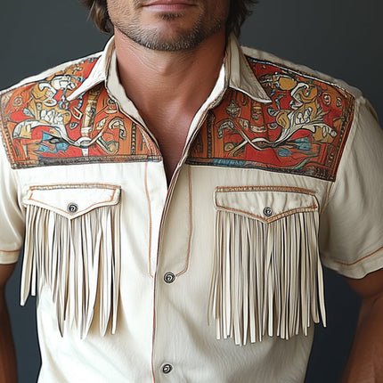 Men's Western Cowboy Shirt | Tassel Short Sleeve | Summer Cotton Top | Classic Lapel Collar | Lightweight & Breathable Fabric | Relaxed Fit | Versatile Casual Wear | Available in Small to 3XL | Easy-Care Maintenance