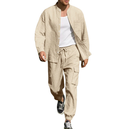 Men's Cotton Linen Long-Sleeve Shirt Trousers Set | Casual Breathable Outfit | Neutral Tone Options | Comfortable Fit for Everyday Wear