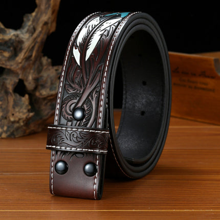 Men's Belt | Vintage Genuine Leather | Punk Style Embossed Feather Design | Snap Buckle Closure | Durable | Artistic Texture | Edgy Fashion Accessory | Versatile Fit | Timeless Craftsmanship