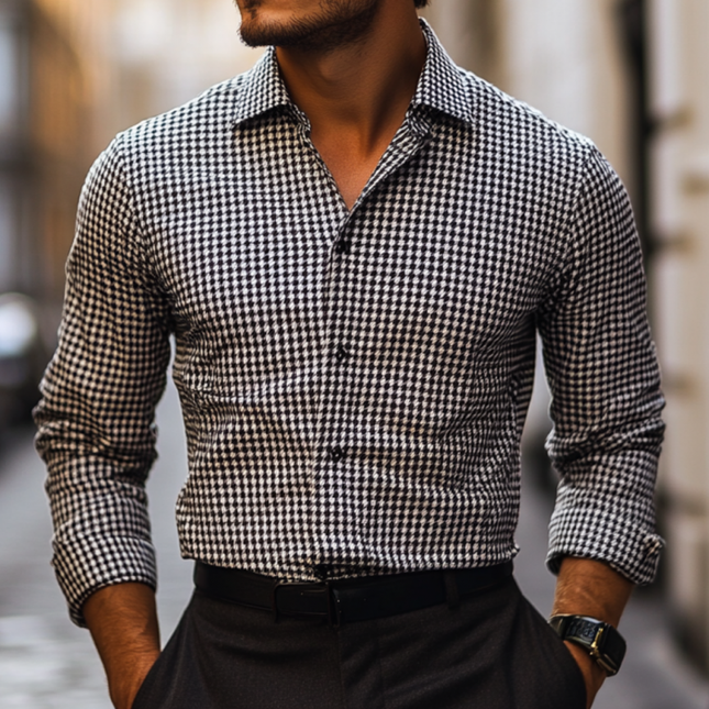 Men's Vintage Houndstooth Slim Fit Long Sleeve Shirt | Retro Jacquard Pattern | Elegant Lapel Collar | Classic Dress Shirt | Modern Tailored Fit | Sophisticated Style | Men's Fashion Top