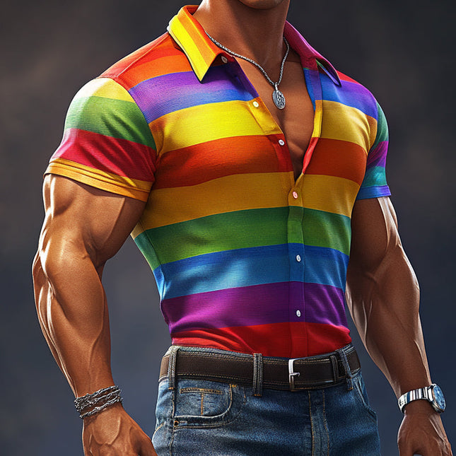 Men's Retro Shirt | Casual Rainbow Stripe Print | Elastic Lapel | Short Sleeve | Breathable Cotton Blend | Vintage Style | Multi-Size | Comfortable Fit | Ideal for Spring, Summer, Autumn